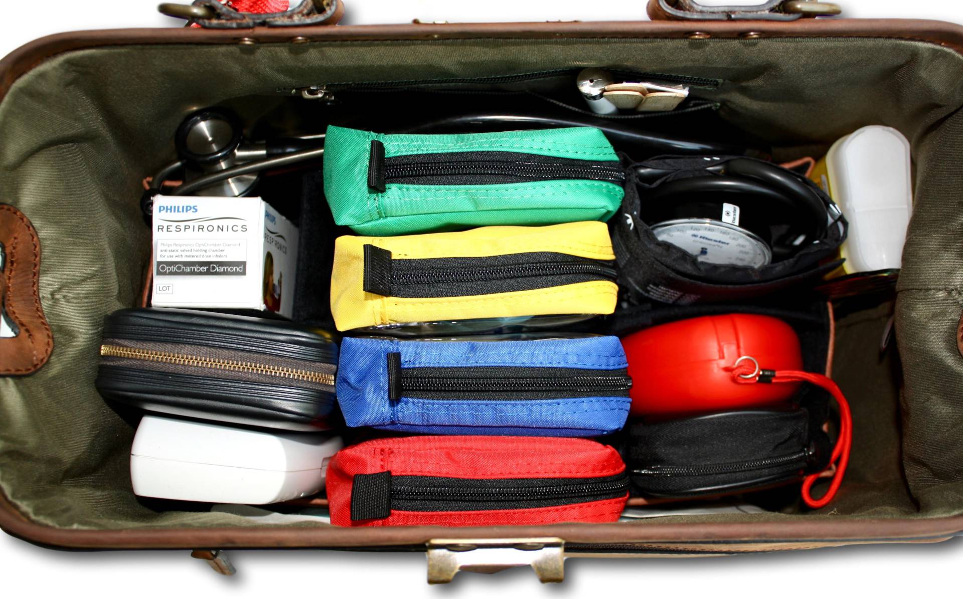 Set van 4 gekleurde polyester tasjes met venster voor in dokterstas